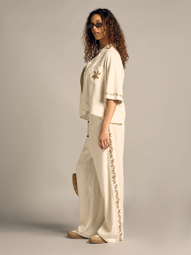 Embroidered Wide-Leg Pants