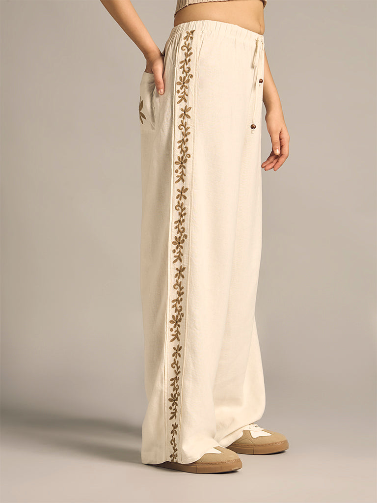 Embroidered Wide-Leg Pants