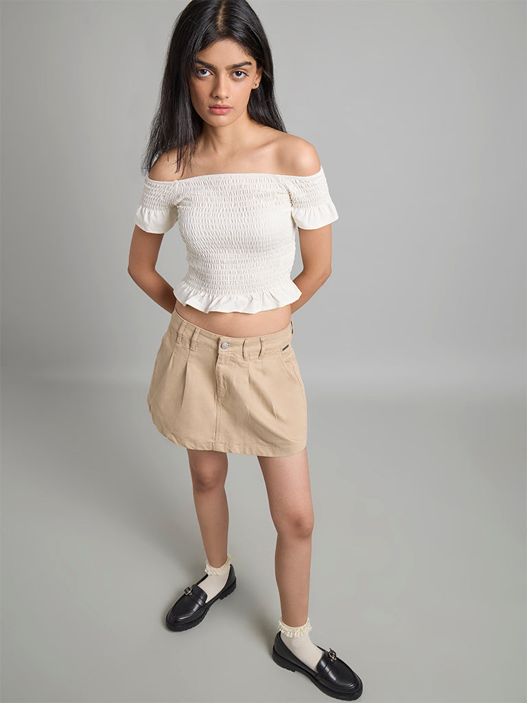 Cream Off-Shoulder Smocked Top