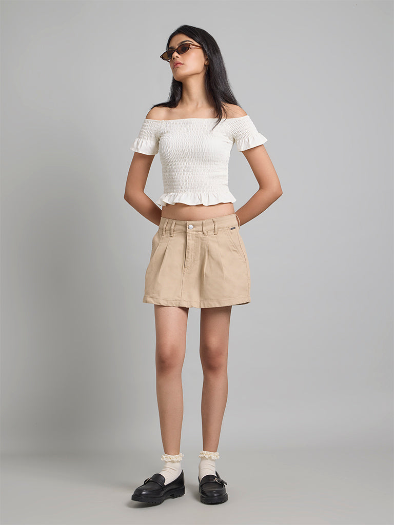 Cream Off-Shoulder Smocked Top