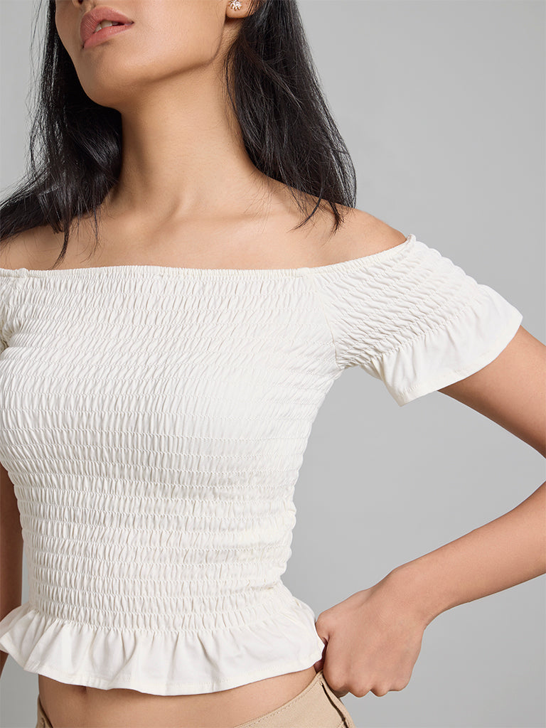 Cream Off-Shoulder Smocked Top