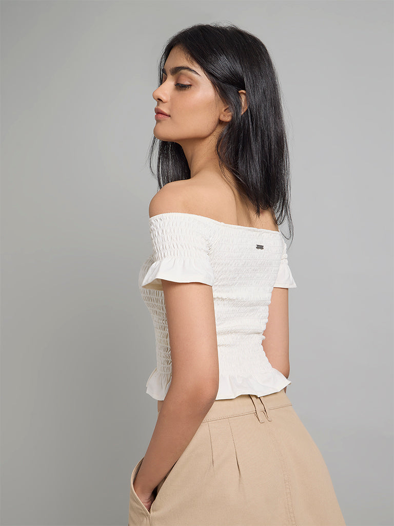 Cream Off-Shoulder Smocked Top