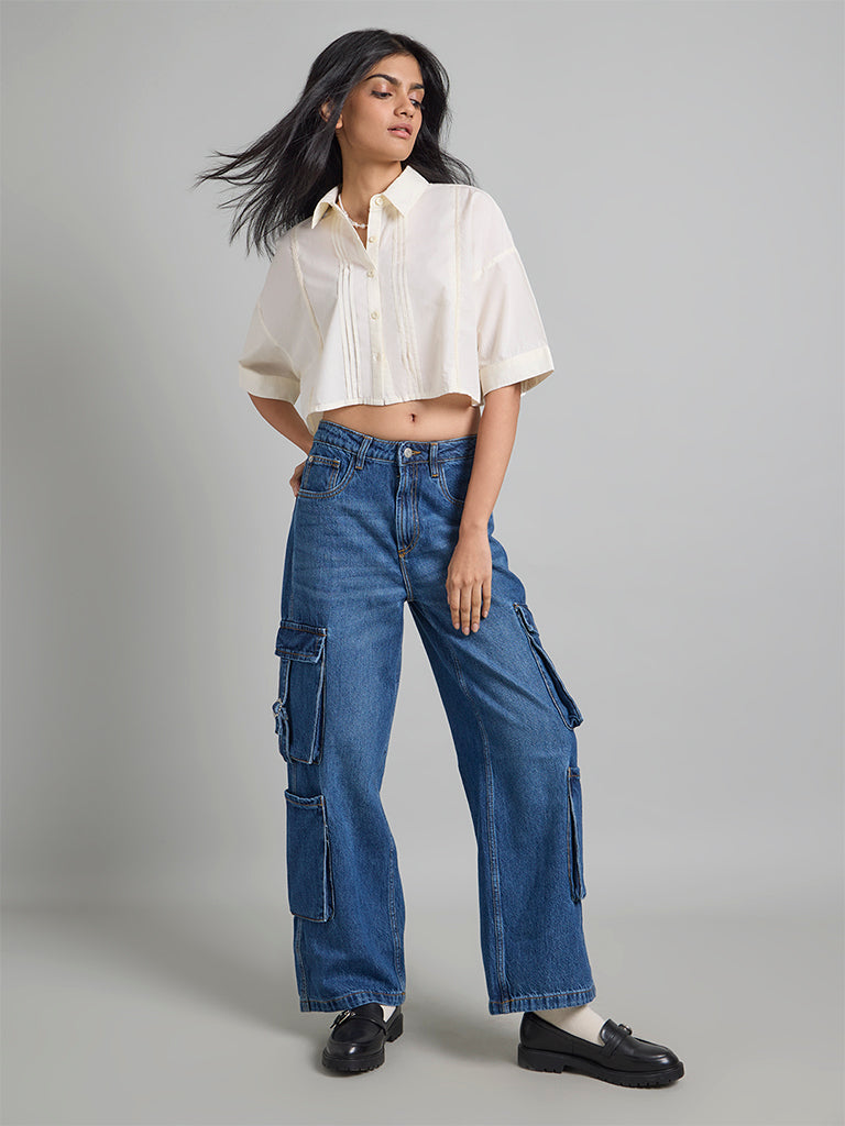 Cream Cropped Pintuck Shirt
