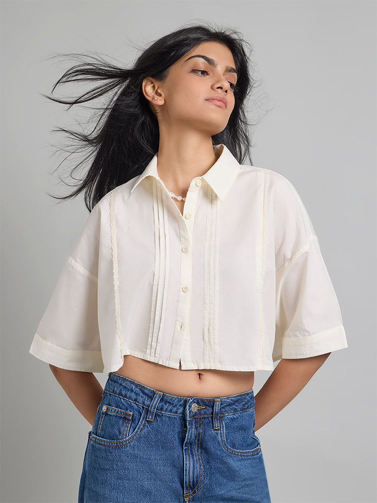 Cream Cropped Pintuck Shirt