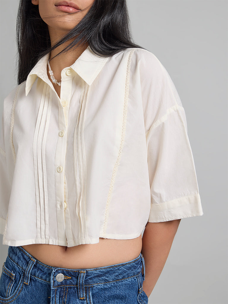 Cream Cropped Pintuck Shirt