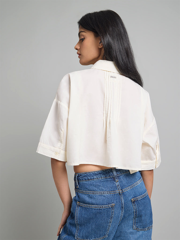 Cream Cropped Pintuck Shirt