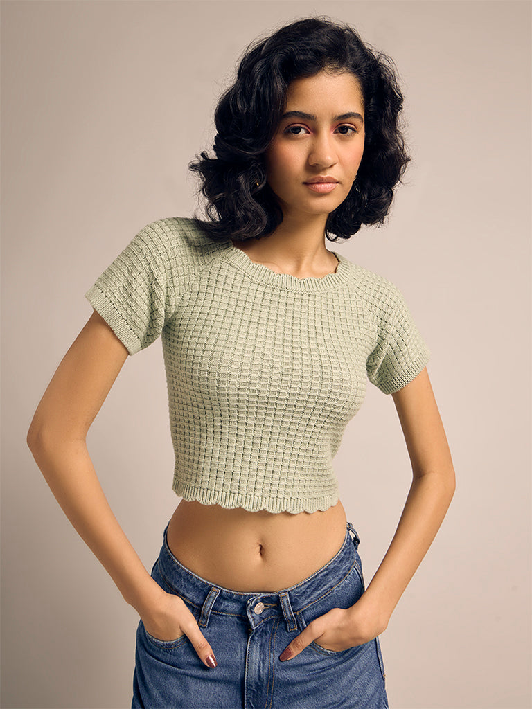 Boxy Waffle Knit Cropped Top