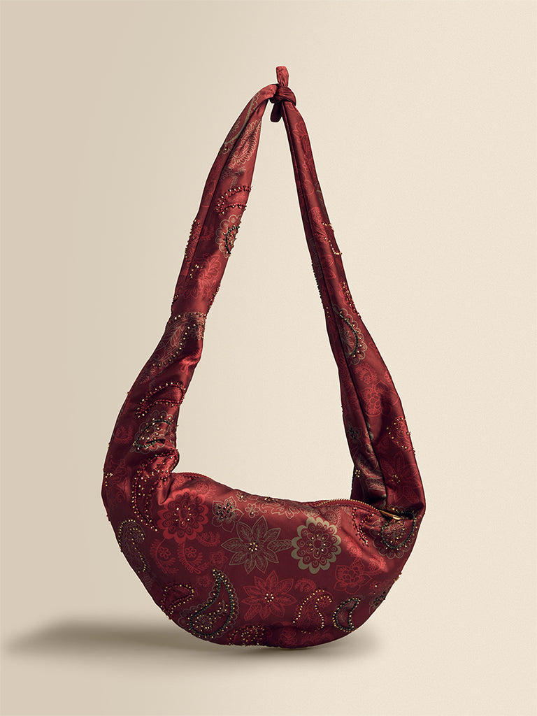 Beaded Satin Shoulder Bag