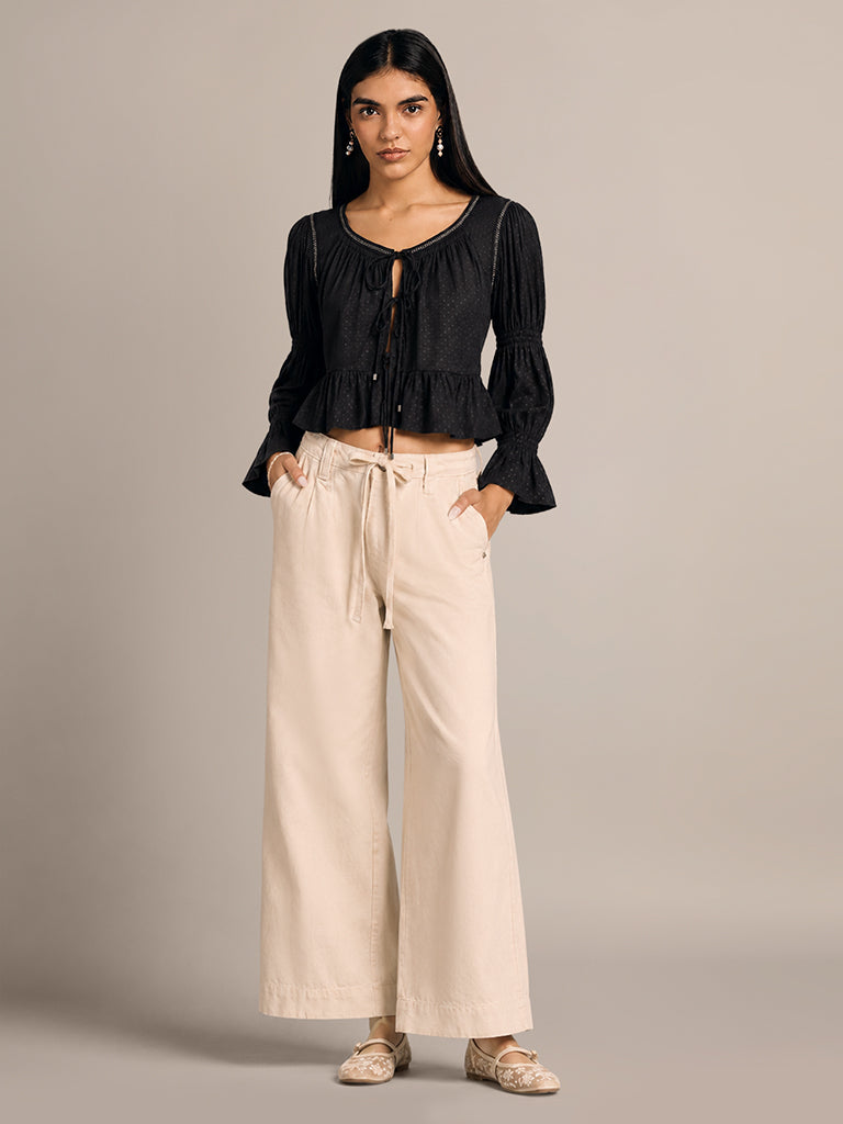 Textured Tie-Front Peplum Top