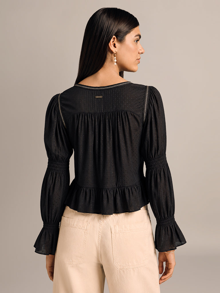 Textured Tie-Front Peplum Top