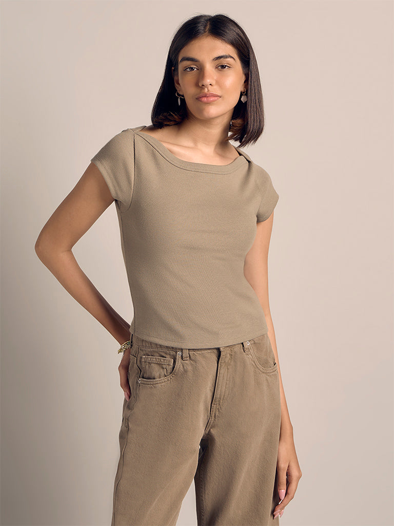 Ribbed-Textured Fitted T-Shirt