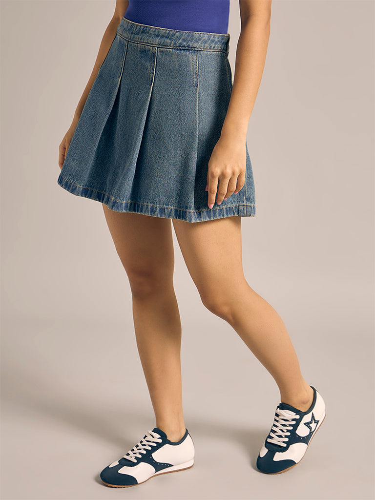 Pleated Denim Mini Skirt