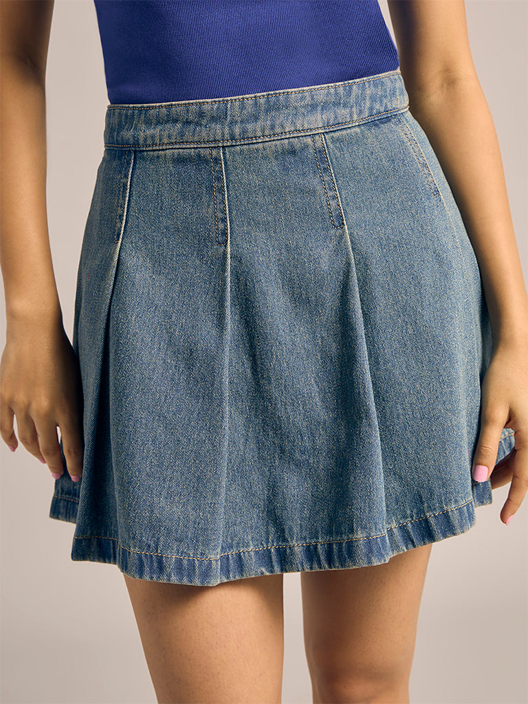 Pleated Denim Mini Skirt