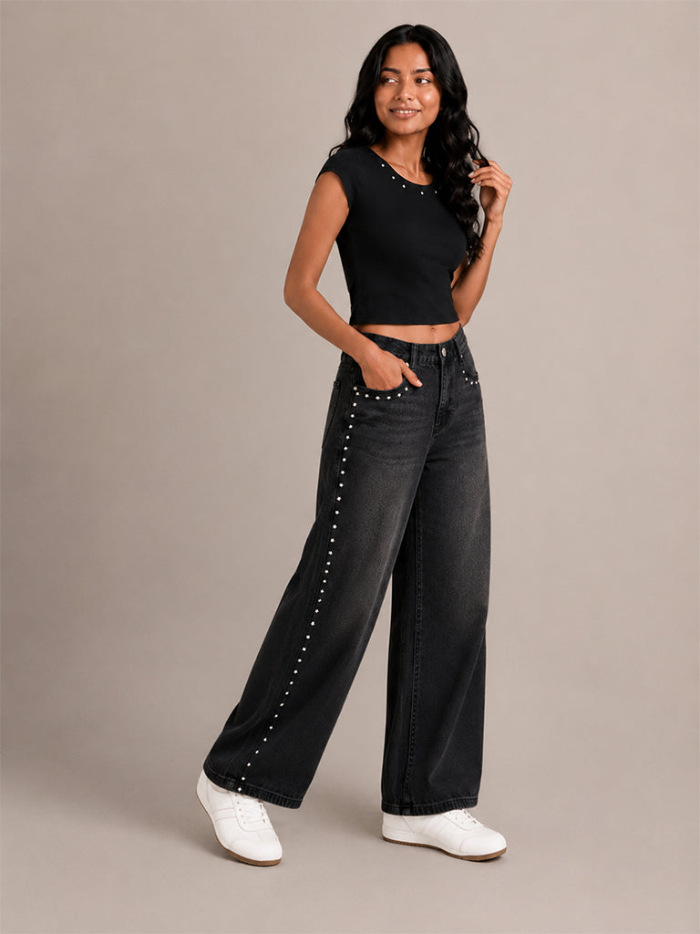 Studded Wide-Leg Jeans