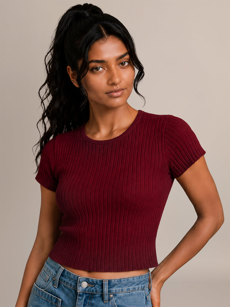 Ribbed-Textured Fitted T-Shirt
