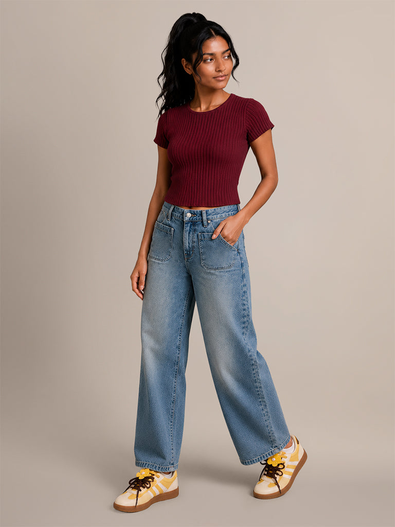 Ribbed-Textured Fitted T-Shirt