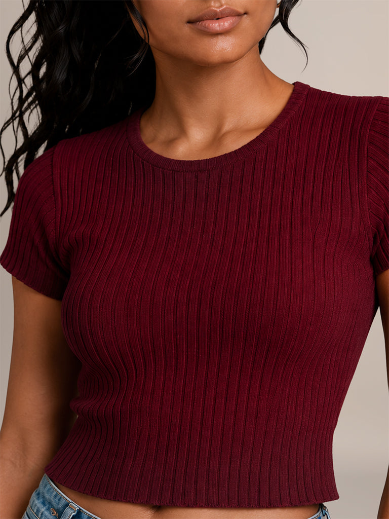 Ribbed-Textured Fitted T-Shirt