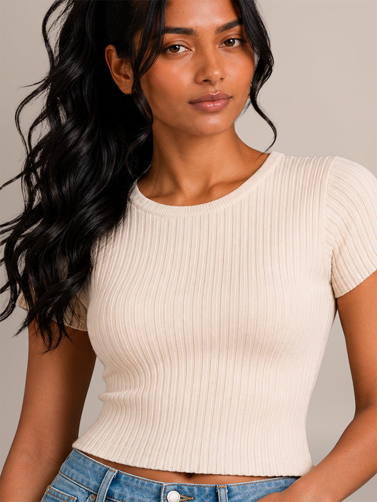 Ribbed-Textured Fitted T-Shirt