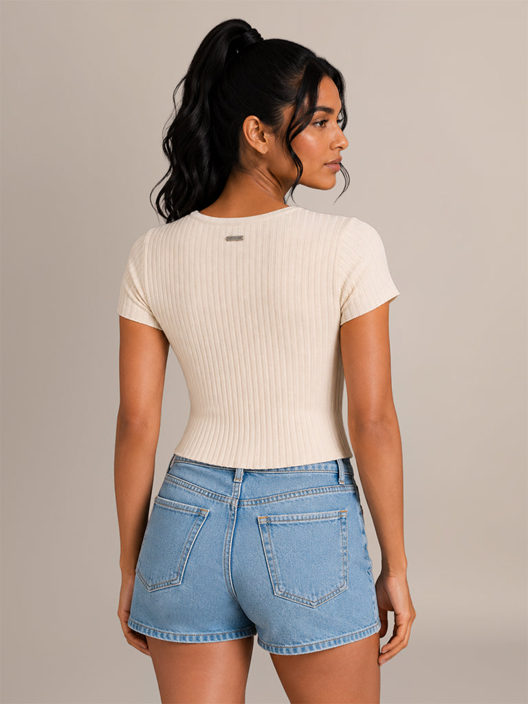 Ribbed-Textured Fitted T-Shirt