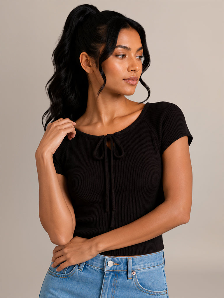Ribbed-Textured Fitted T-Shirt
