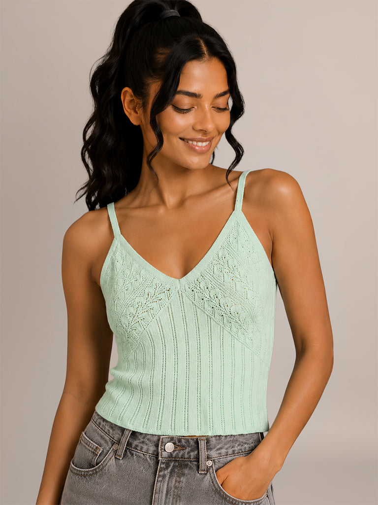 Pointelle Lace Knit Fitted Top
