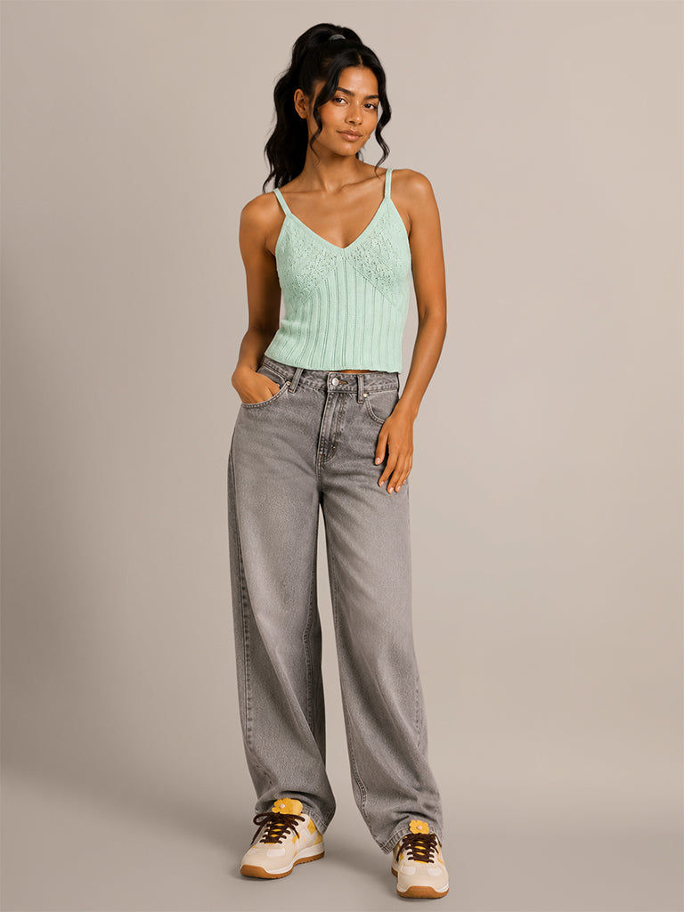 Pointelle Lace Knit Fitted Top