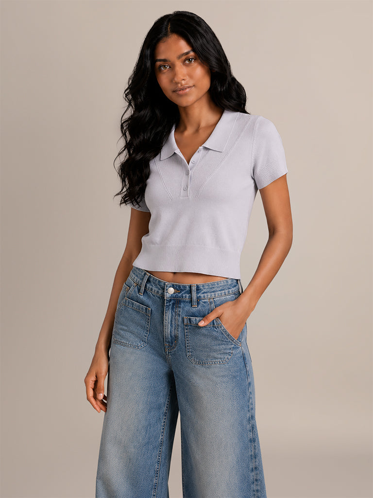 Ribbed Crop Polo Shirt