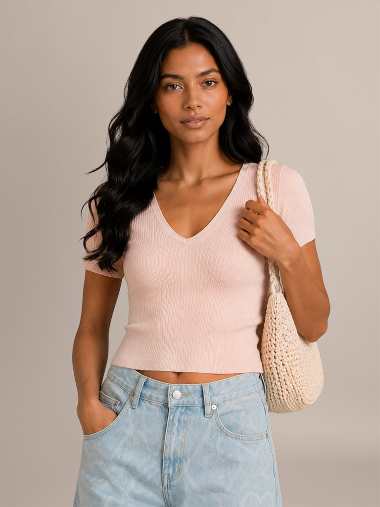 Ribbed-Textured Fitted T-Shirt