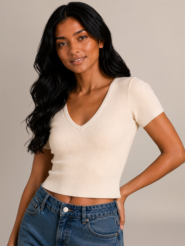 Ribbed-Textured Fitted T-Shirt