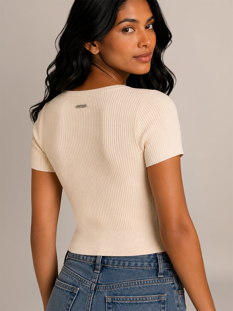 Ribbed-Textured Fitted T-Shirt