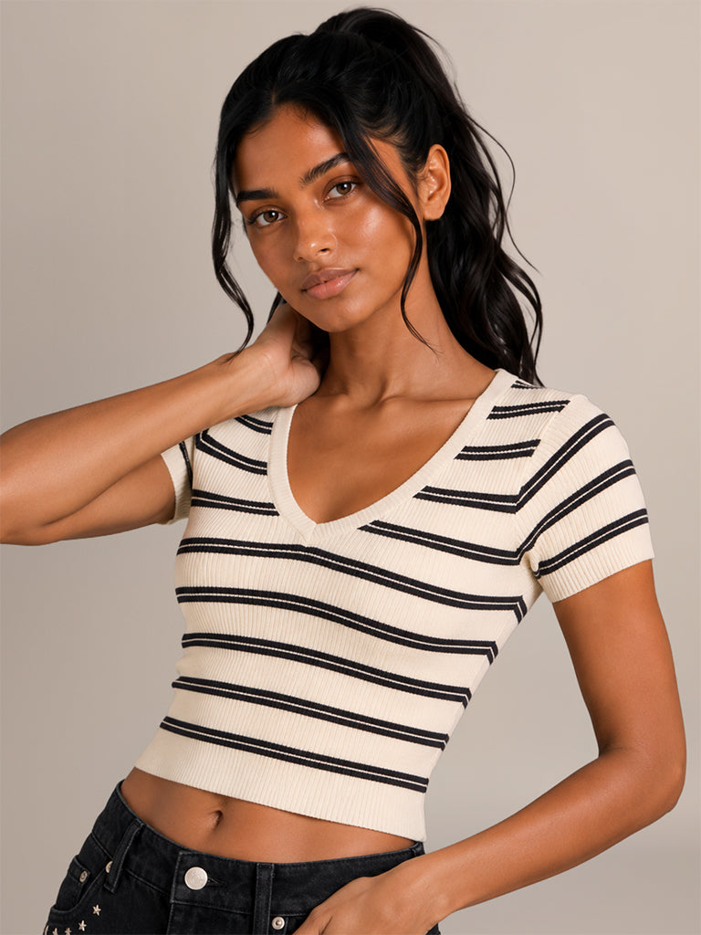 Ribbed Striped Fitted T-Shirt