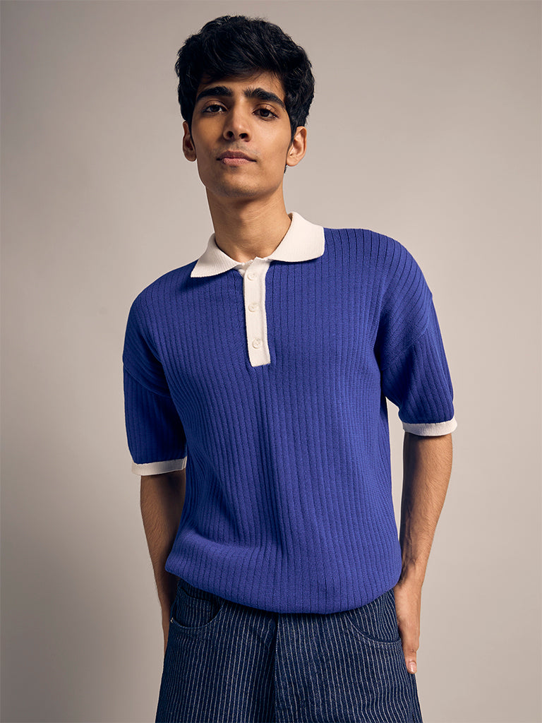 Boxy-Fit Ribbed Polo T-Shirt