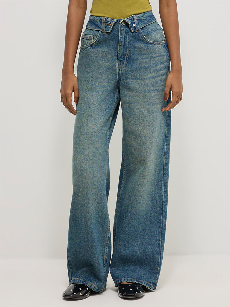 Wide-Leg Faded Jeans