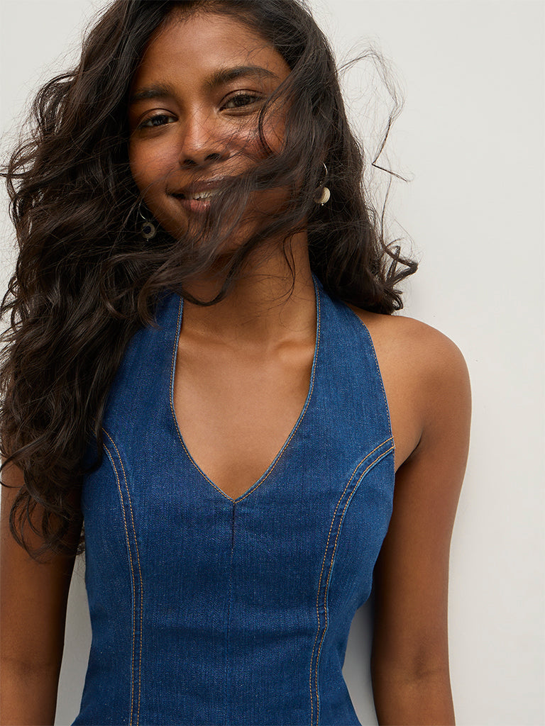 Pleated Denim Mini Dress