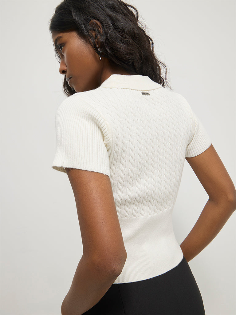 Fitted Cable-Knit Polo T-Shirt