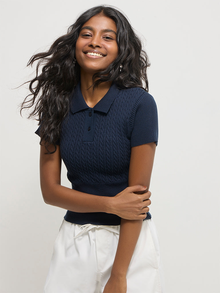 Fitted Cable-Knit Polo T-Shirt