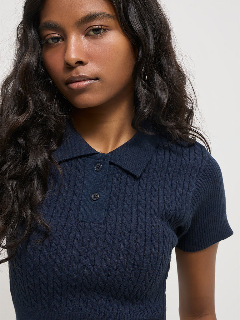Fitted Cable-Knit Polo T-Shirt