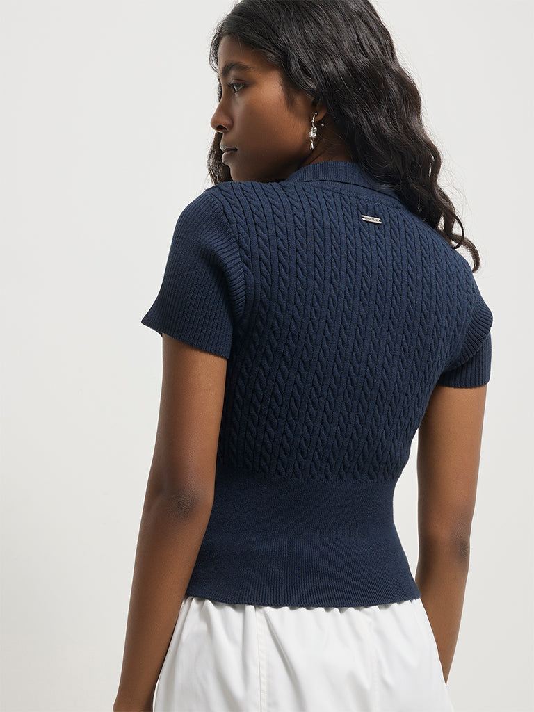 Fitted Cable-Knit Polo T-Shirt