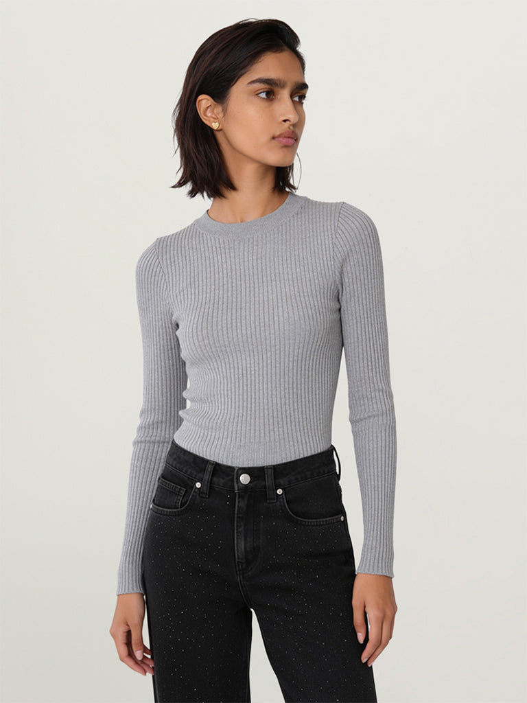 Fitted Ribbed-Textured T-Shirt