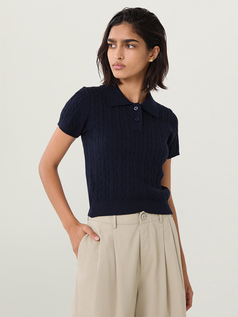 Fitted Cable-Knit Polo T-Shirt
