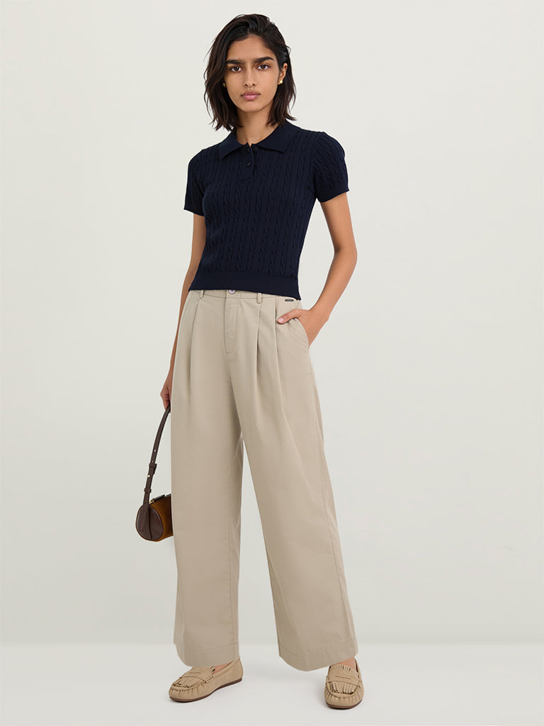 Fitted Cable-Knit Polo T-Shirt