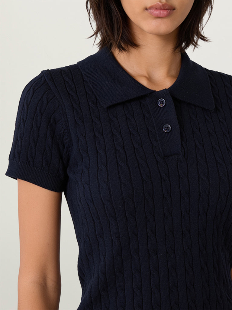Fitted Cable-Knit Polo T-Shirt