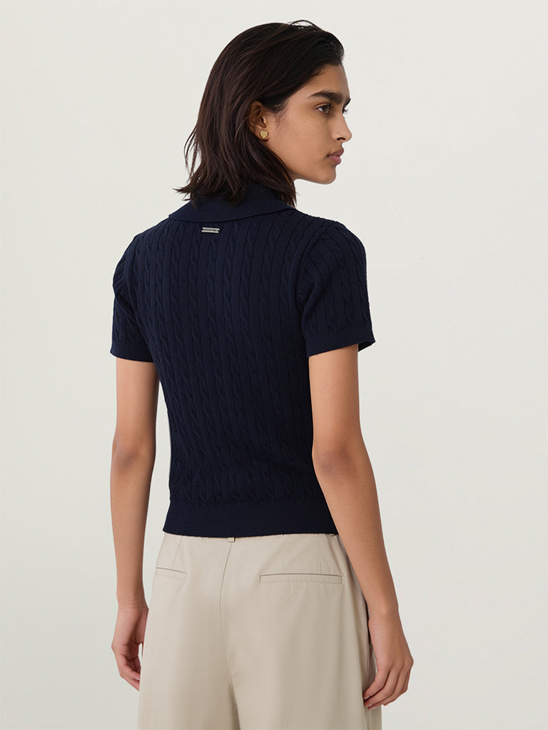 Fitted Cable-Knit Polo T-Shirt