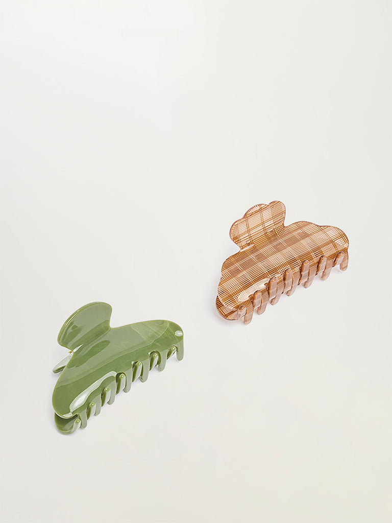 Set of 2 Checked and Solid Claw Hair Clips