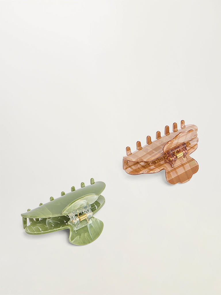 Set of 2 Checked and Solid Claw Hair Clips