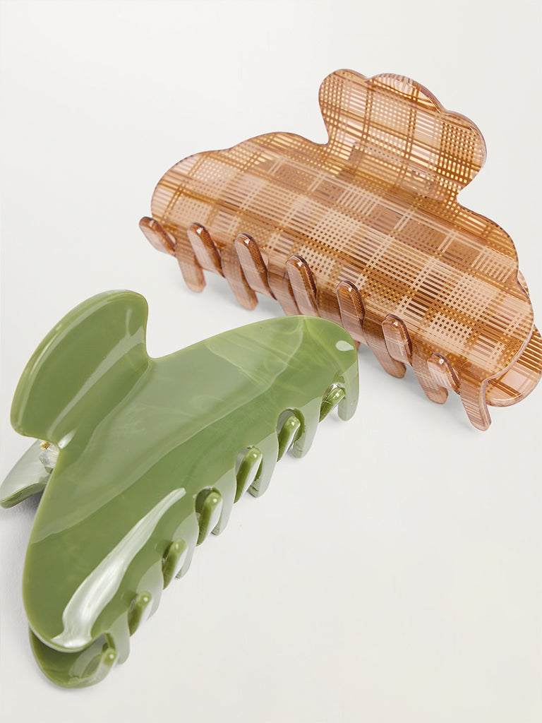 Set of 2 Checked and Solid Claw Hair Clips