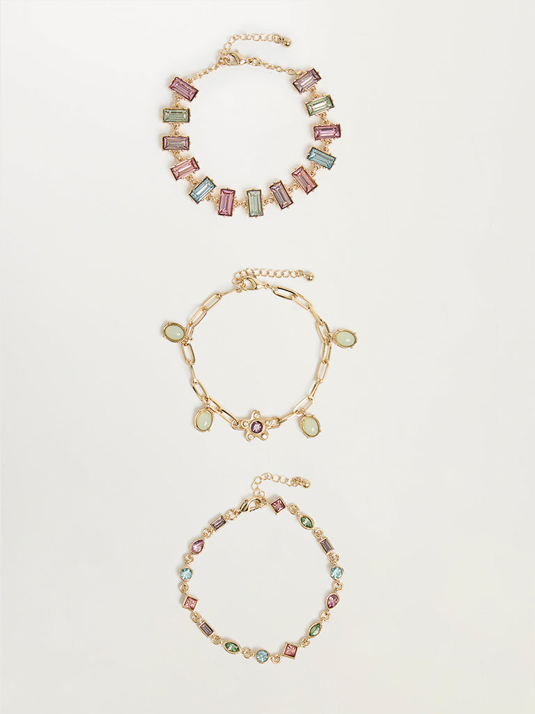 Set of 3 Gold-Toned Stone-Embellished Bracelets