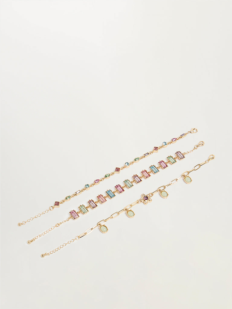 Set of 3 Gold-Toned Stone-Embellished Bracelets