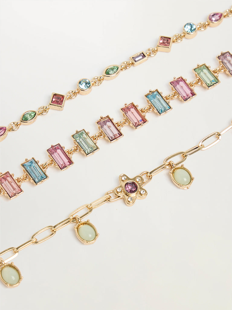 Set of 3 Gold-Toned Stone-Embellished Bracelets