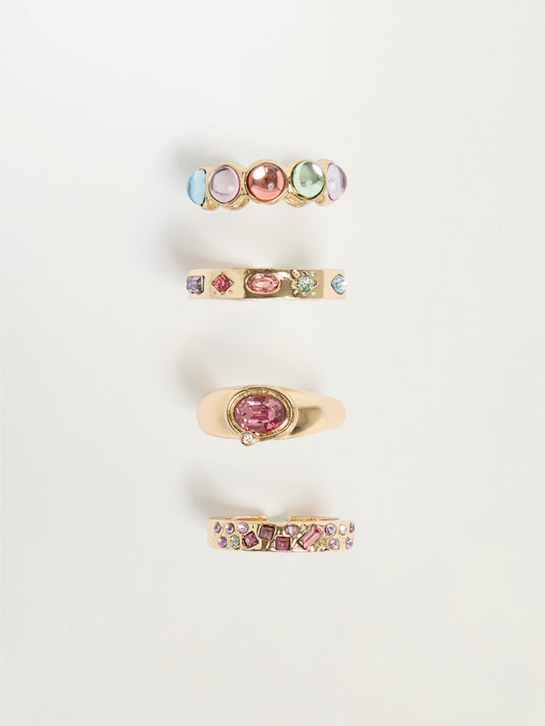 Set of 4 Gold-Toned Stone-Embellished Rings